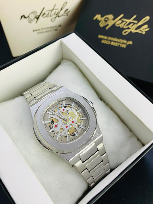 Patek Nautilus Fully Skeleton Automatic movement Watch (Full Silver)