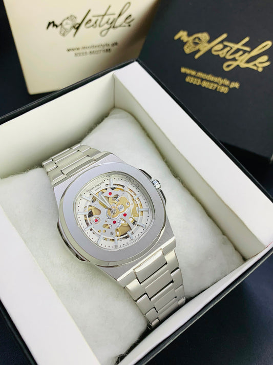 Patek Nautilus Fully Skeleton Automatic movement Watch (Silver With White)