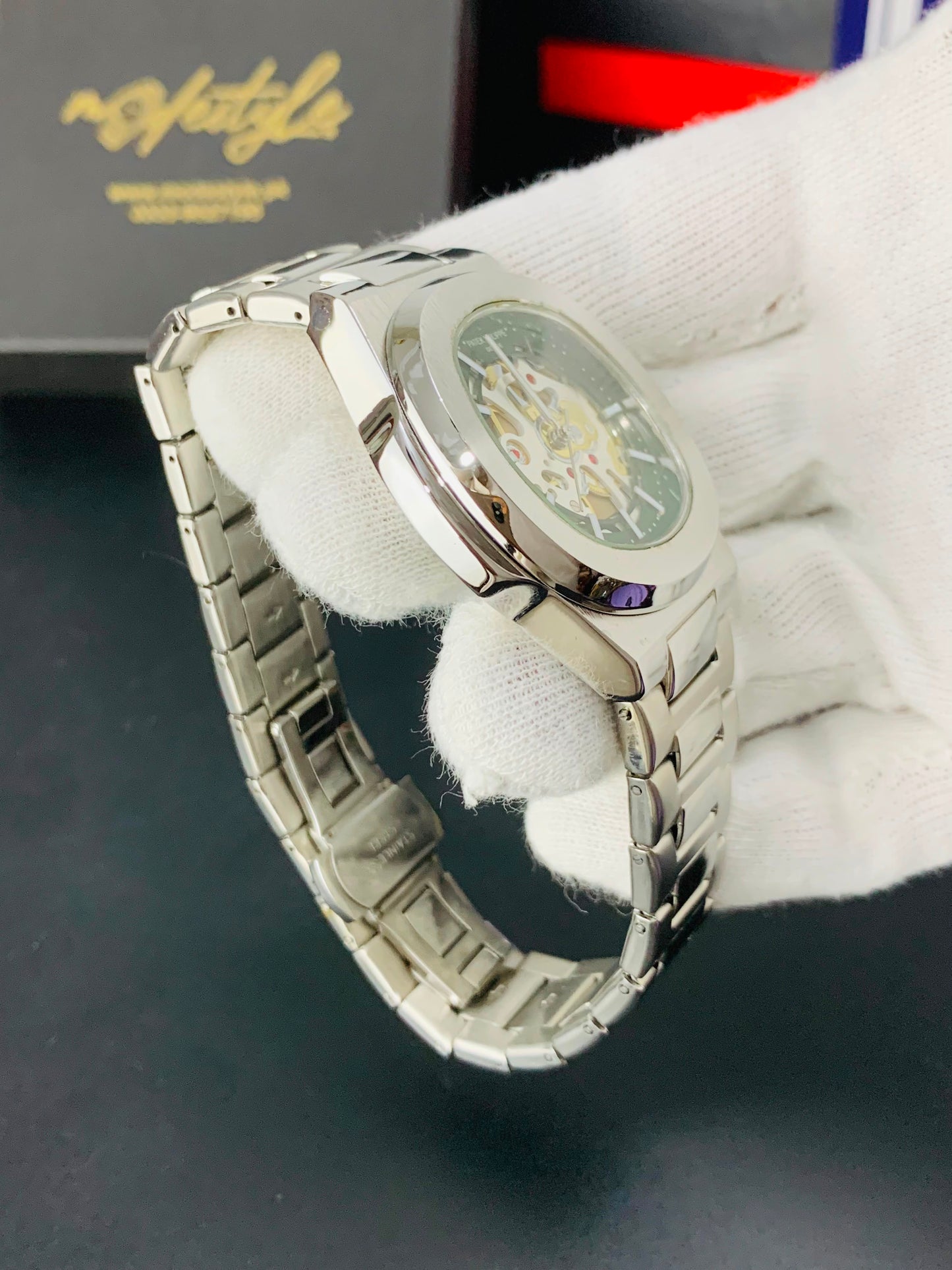 Patek Nautilus Fully Skeleton Automatic movement Watch (Silver with Black)