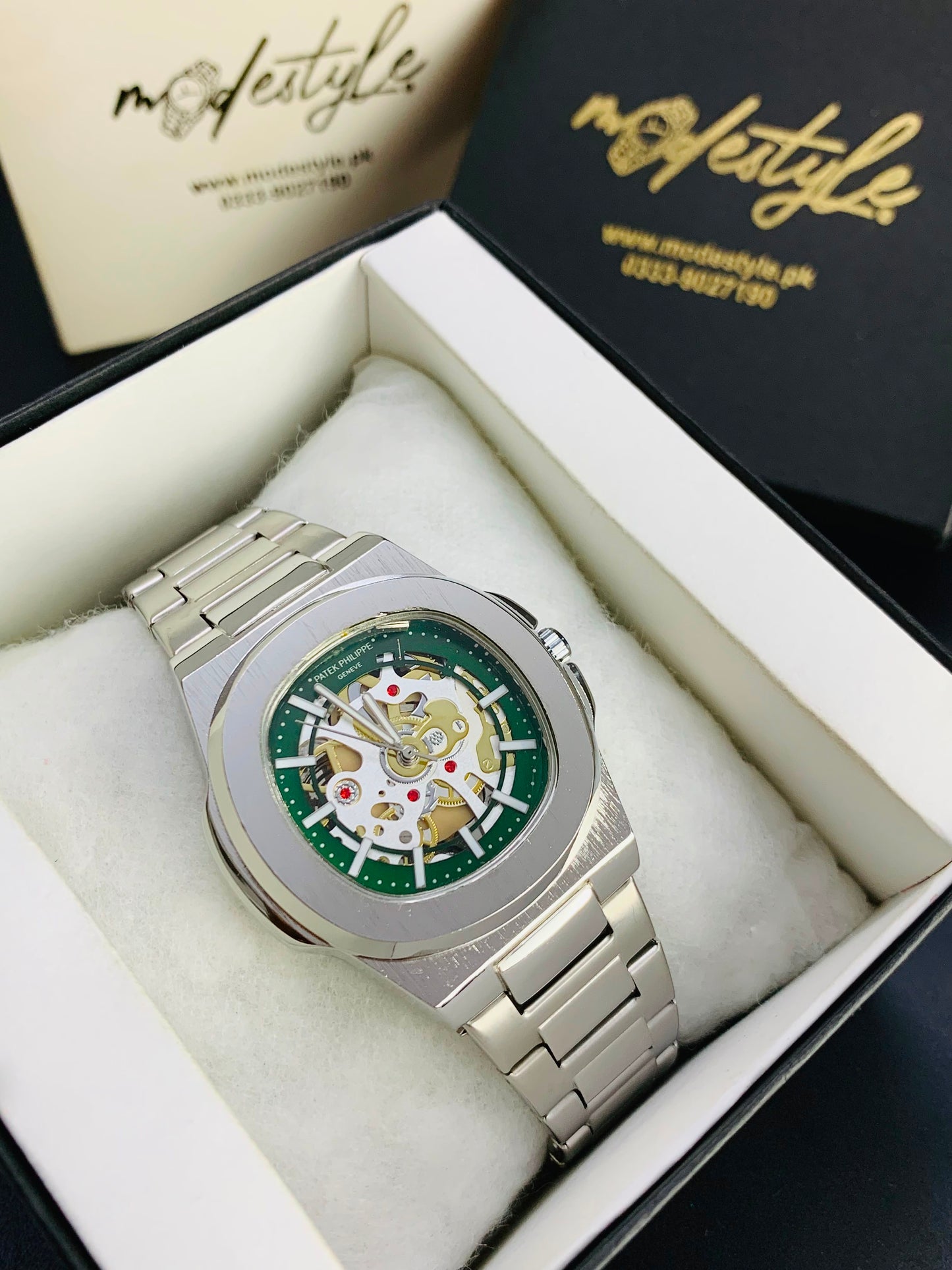 Patek Nautilus Fully Skeleton Automatic movement Watch (Silver with Green)