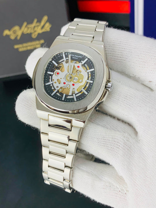 Patek Nautilus Fully Skeleton Automatic movement Watch (Silver with Black)