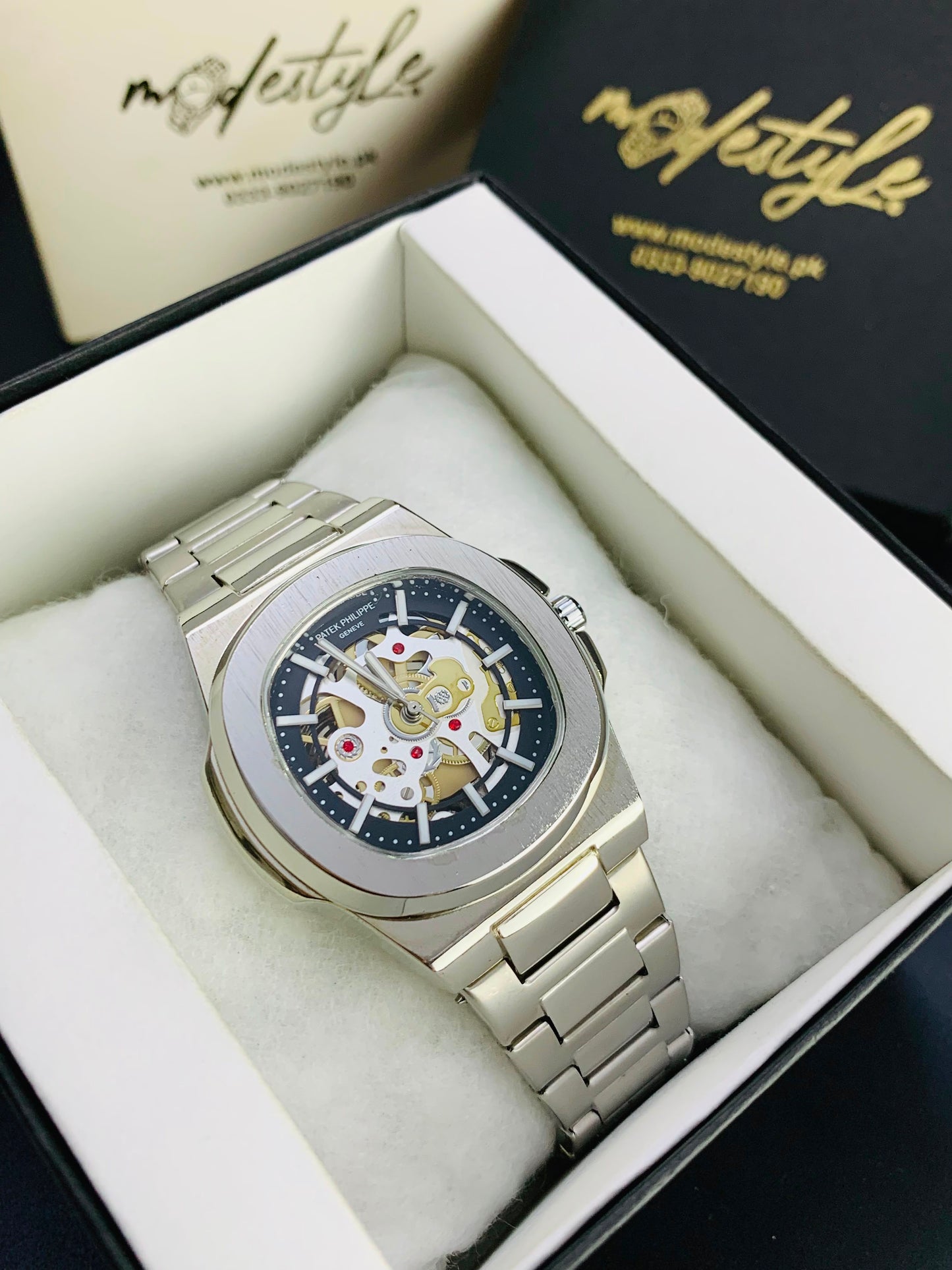 Patek Nautilus Fully Skeleton Automatic movement Watch (Silver with Black)