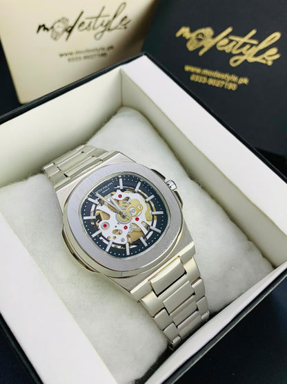 Patek Nautilus Fully Skeleton Automatic movement Watch (Silver with Black)