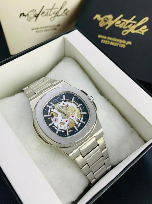 Patek Nautilus Fully Skeleton Automatic movement Watch (Silver with Black)