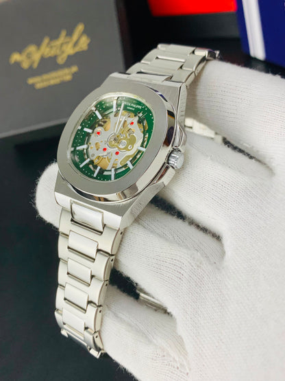 Patek Nautilus Fully Skeleton Automatic movement Watch (Silver with Green)