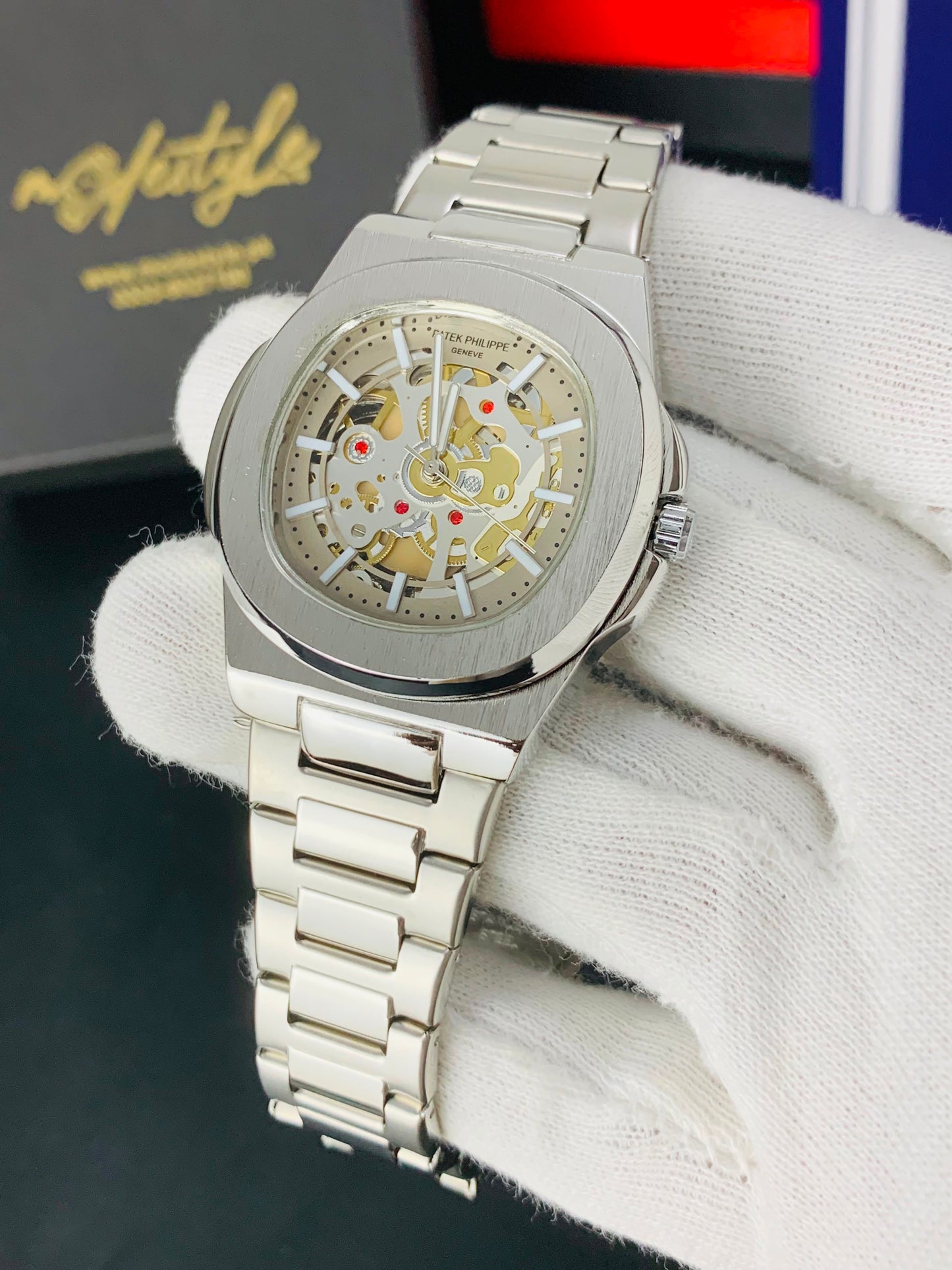 Patek Nautilus Fully Skeleton Automatic movement Watch (Full Silver)