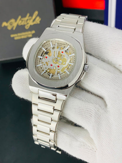 Patek Nautilus Fully Skeleton Automatic movement Watch (Full Silver)