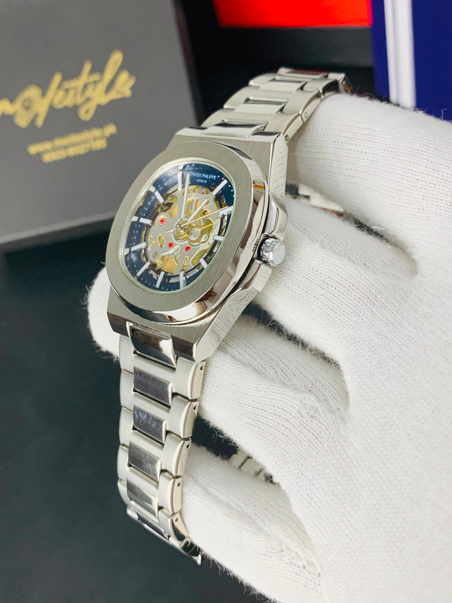 Patek Nautilus Fully Skeleton Automatic movement Watch (Silver with Blue)