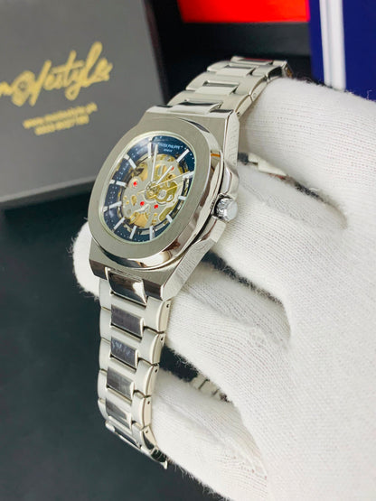 Patek Nautilus Fully Skeleton Automatic movement Watch (Silver with Blue)
