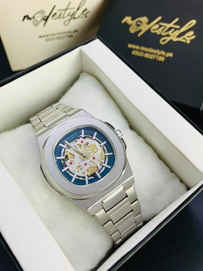 Patek Nautilus Fully Skeleton Automatic movement Watch (Silver with Blue)