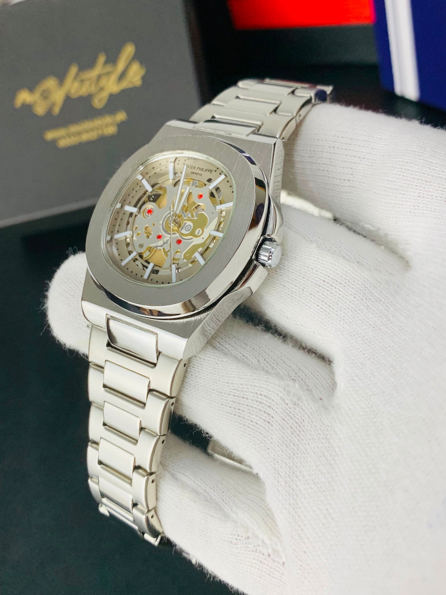 Patek Nautilus Fully Skeleton Automatic movement Watch (Full Silver)