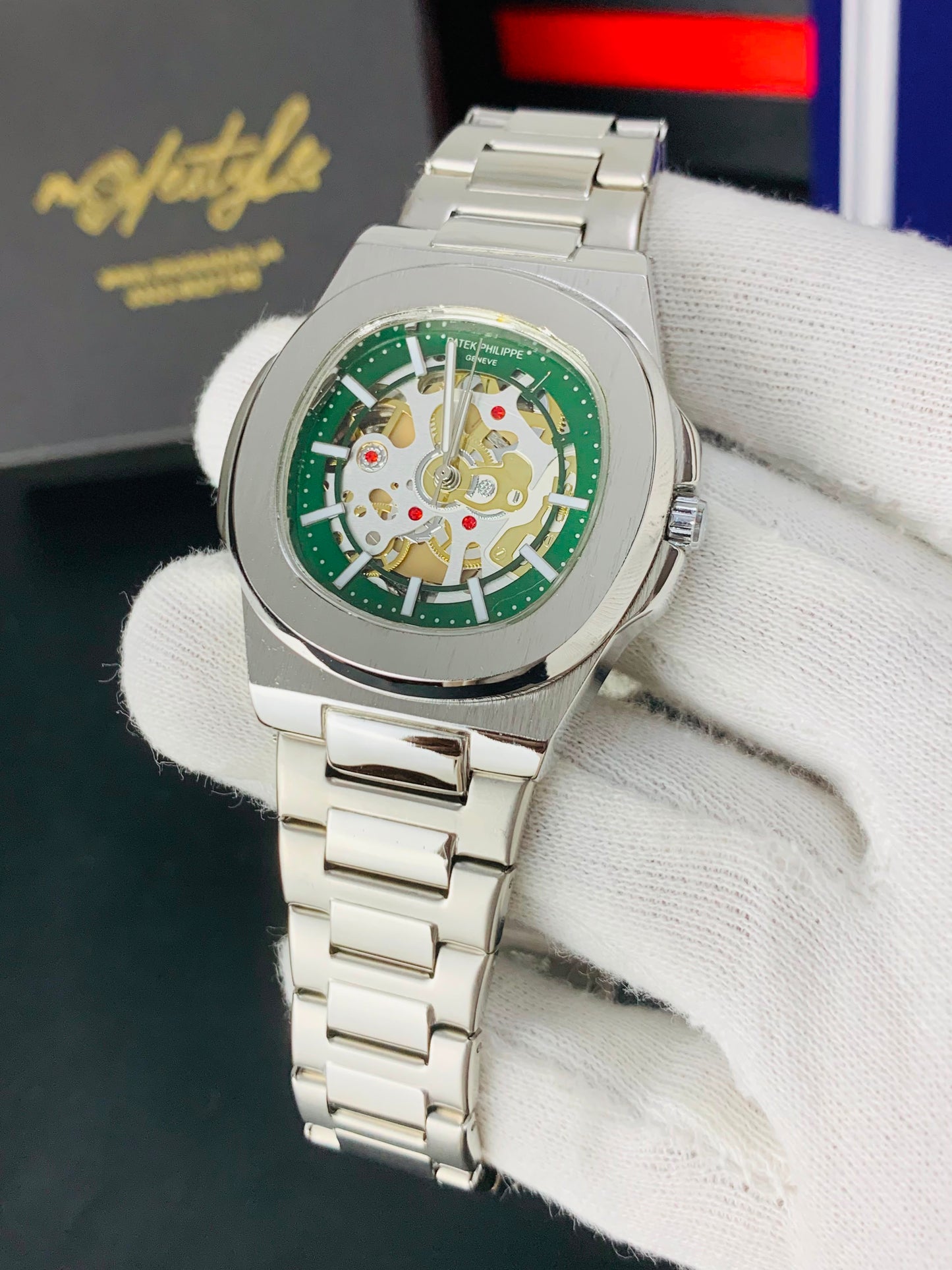 Patek Nautilus Fully Skeleton Automatic movement Watch (Silver with Green)
