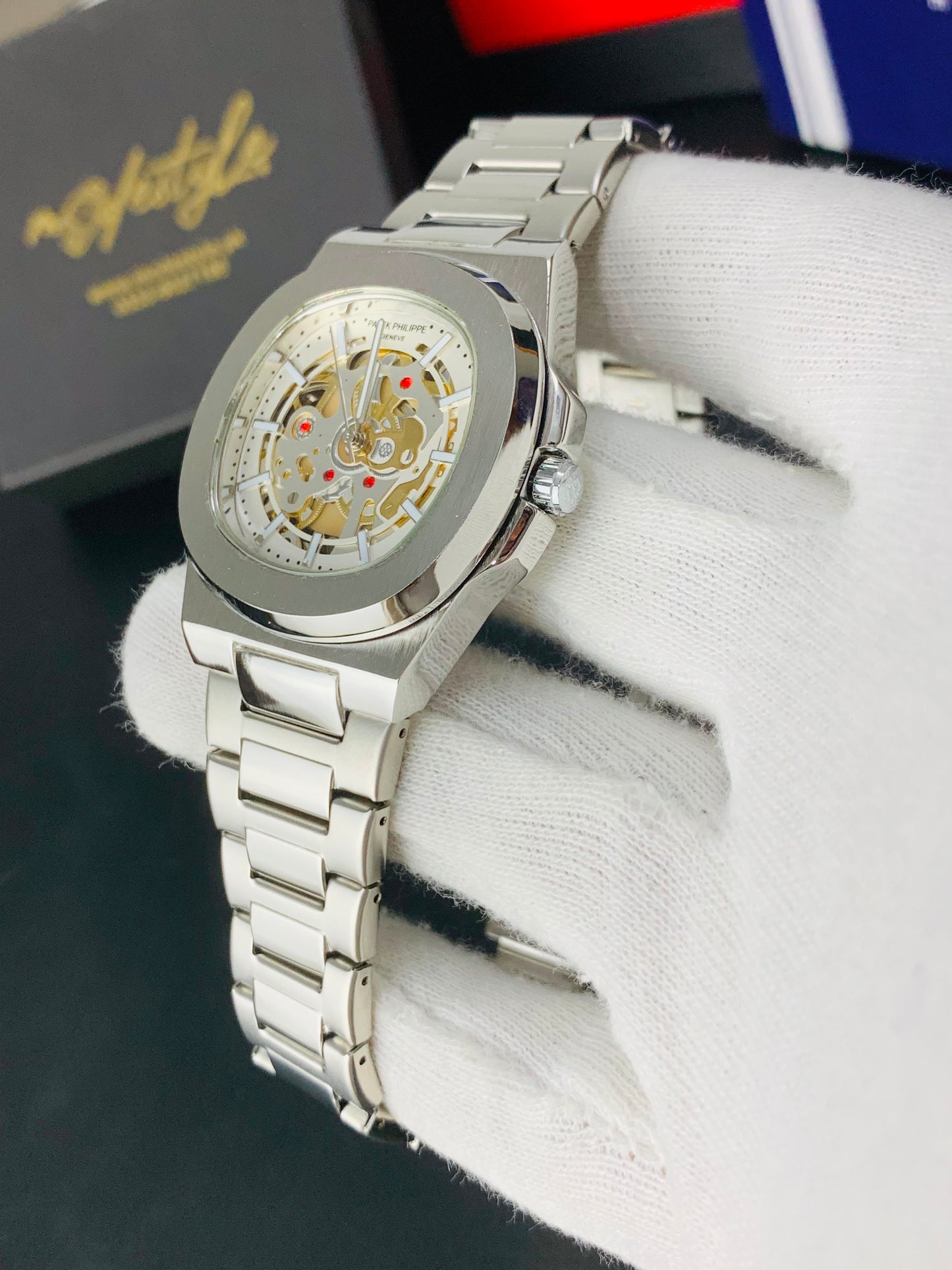 Patek Nautilus Fully Skeleton Automatic movement Watch (Full Silver)