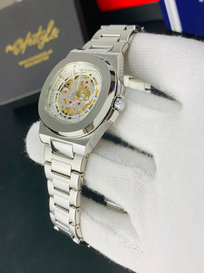Patek Nautilus Fully Skeleton Automatic movement Watch (Full Silver)