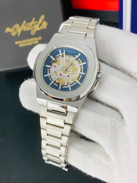 Patek Nautilus Fully Skeleton Automatic movement Watch (Silver with Blue)