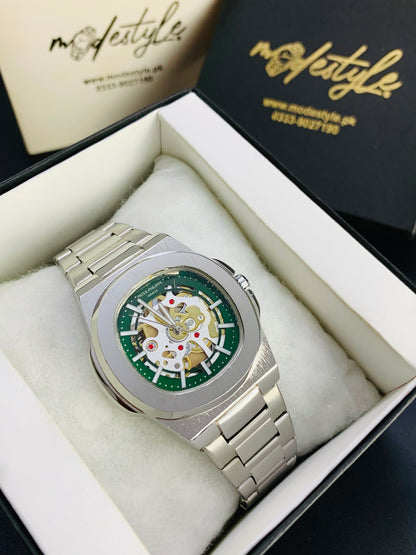 Patek Nautilus Fully Skeleton Automatic movement Watch (Silver with Green)