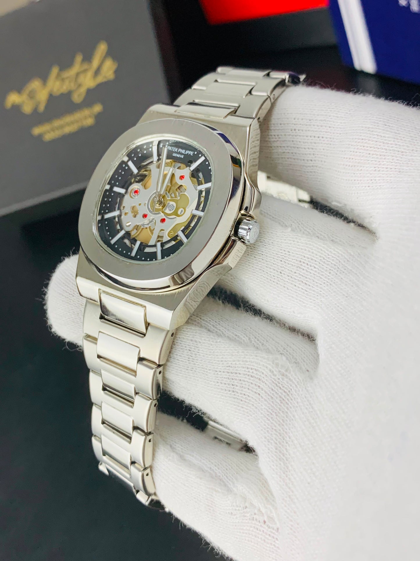 Patek Nautilus Fully Skeleton Automatic movement Watch (Silver with Blue)