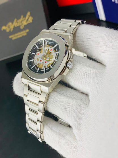 Patek Nautilus Fully Skeleton Automatic movement Watch (Silver with Blue)