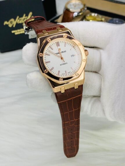 AP Royal Oak Self Winding – Premium Leather Straps (Brown belt white dail copper case)