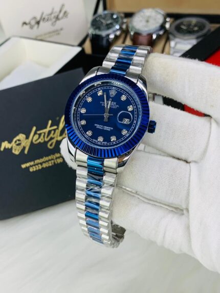 Rolex Blue Two Tone Stone Model (Silver Blue chain Blue dail)