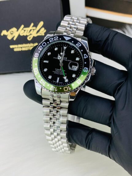 Rlx Gmt Model (Silver chain green black case)